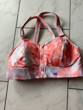 SHEFIT Front-Zip Tie-Dye Sports Bra in Coral White size Luxe